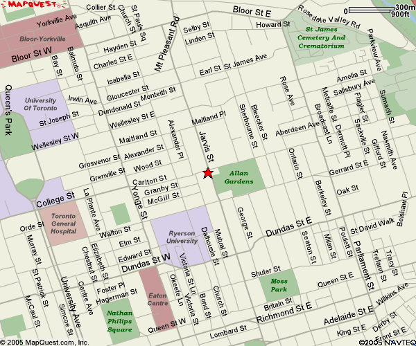 Map of an area of Toronto, showing the location of the hotel